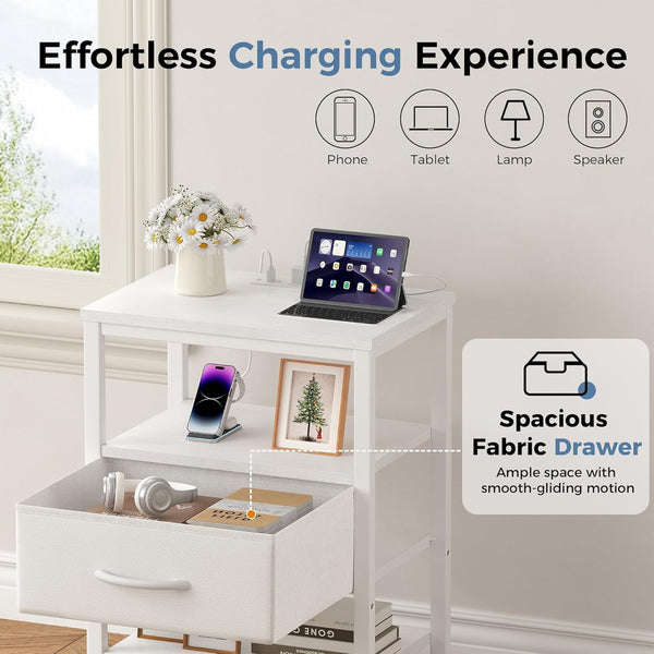 Sweetcrispy Adult 1-Drawer Nightstand with Charging Station, USB & Type-C Ports, Metal Frame