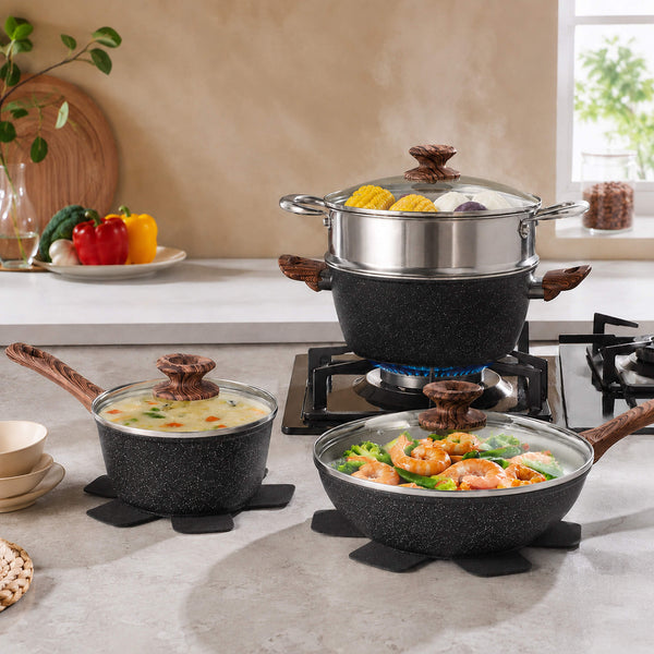 Sweetcrispy 17-Piece Non-Stick Cookware Set with Detachable Handles