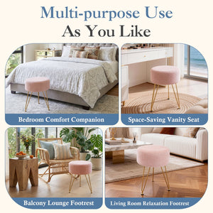 Sweetcrispy Ottoman Vanity Stool, Round Cushioned Seat with Gold Legs, Multi-Functional Footrest & Vanity Chair for Bedroom & Living Room