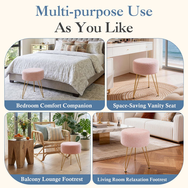Sweetcrispy Ottoman Vanity Stool, Round Cushioned Seat with Gold Legs, Multi-Functional Footrest & Vanity Chair for Bedroom & Living Room