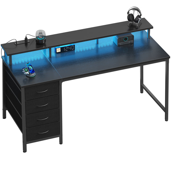Sweetcrispy Computer Desk with 4 Drawers, Monitor Stand & LED Lights for Home Office