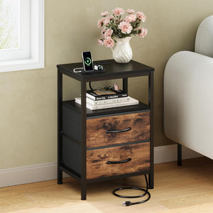 SWEETCRISPY 2-Drawer Nightstand with Charging Station, USB & Type-C Ports, Adjustable Fabric Drawers, Sturdy Metal Frame, Space-Saving Design for Bedroom & Living Room