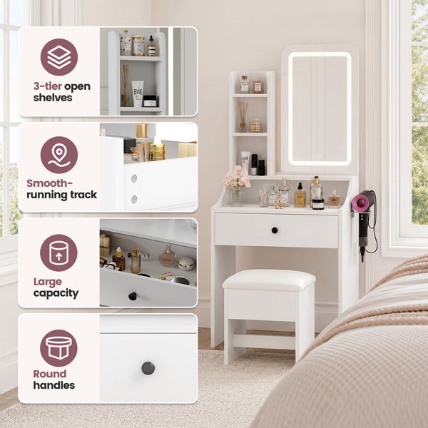 Sweetcrispy 24" Vanity Desk with Mirror, LED Makeup Vanity with 3 Light Modes & Power Outlet, Storage Drawers & Stool, Dressing Table for Bedroom