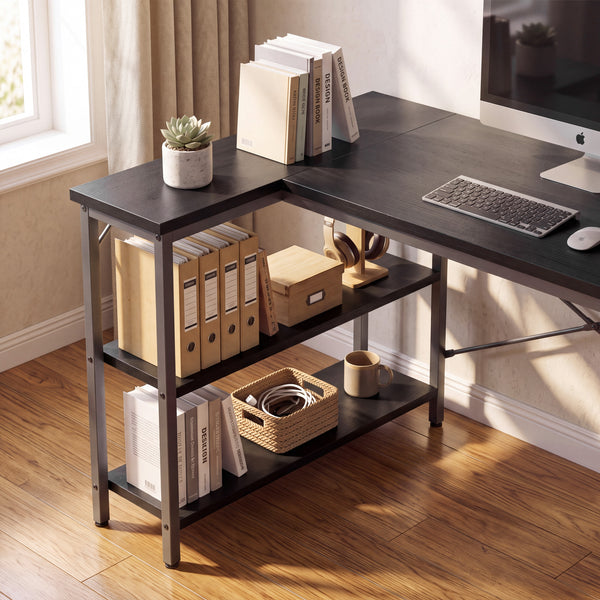 Sweetcrispy, L Shaped Computer Desk with Storage Shelves, Corner Office Desk