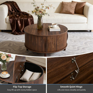 Sweetcrispy Round Flip-Top Coffee Table with Storage, Wood-Look Finish