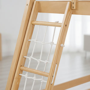 Sweetcrispy Bunk Bed Twin Over Full with Climbing Net & Ramp, Wooden Roof for Kids’ Bedroom