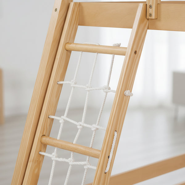 Sweetcrispy Bunk Bed Twin Over Full with Climbing Net & Ramp, Wooden Roof for Kids’ Bedroom