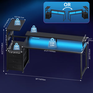 Sweetcrispy Computer Desk with Monitor Stand, 3 Drawers, LED Lights & Built-In Cable Management