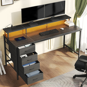 Sweetcrispy Computer Desk with 4 Drawers, Monitor Stand & LED Lights for Home Office