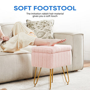 Sweetcrispy Vanity Stool Chair with 4 Metal Legs Anti-Slip Adjustable Feet, Faux Fur Seat, Storage Space