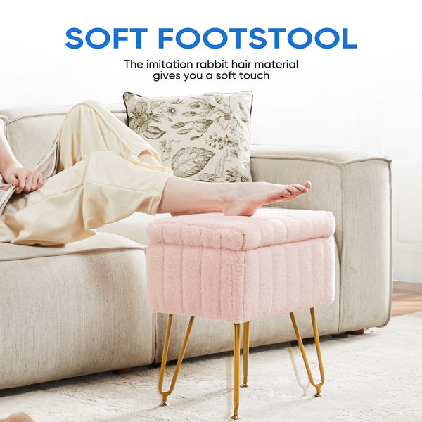 Sweetcrispy Vanity Stool Chair with 4 Metal Legs Anti-Slip Adjustable Feet, Faux Fur Seat, Storage Space