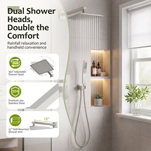 Sweetcrispy 304 Stainless Steel Wall Mount Shower Head and Handle Set, Anti-Rust, 360° Adjustable, Pressure Balanced, Temp Stable, High Flow Luxury Trim Kit‌