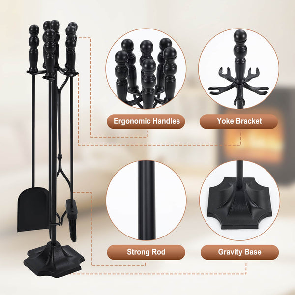 Sweetcrispy Professional 5-Piece Fireplace Tools Set with Heavy Base