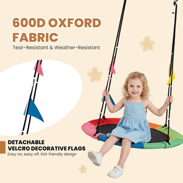 Sweetcrispy 40" Kids Saucer Swing, Adjustable Rope, 440lb Capacity, 600D Oxford Fabric, Outdoor Tree Swing with 4 Detachable Flags