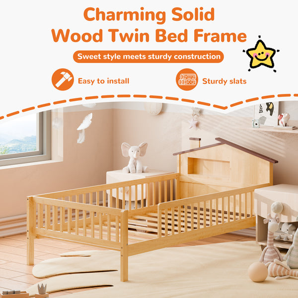 Sweetcrispy Solid Wood Twin Bed Frame with House Headboard & Guardrails for Children