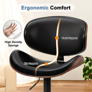 Sweetcrispy Adjustable Bentwood Bar Stools with PU Leather Upholstery and Footrest-Set of 2