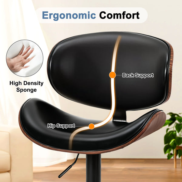 Sweetcrispy Adjustable Bentwood Bar Stools with PU Leather Upholstery and Footrest-Set of 2