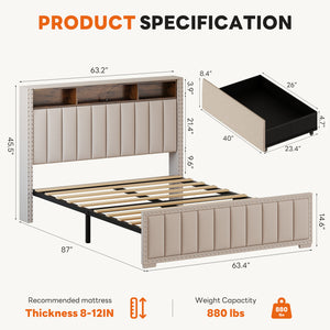 Sweetcrispy Upholstered Bed Frame with 4 Storage Drawers, Headboard, and Power Outlets