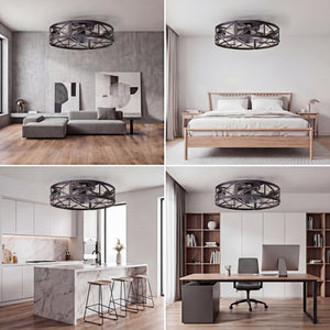 Sweetcrispy Farmhouse Caged Ceiling Fan with Light Flush Mount Fandelier Remote Dimmable LED for Bedroom Living Room Kitchen