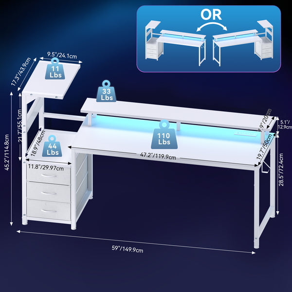 Sweetcrispy Computer Desk with Monitor Stand, 3 Drawers, LED Lights & Built-In Cable Management