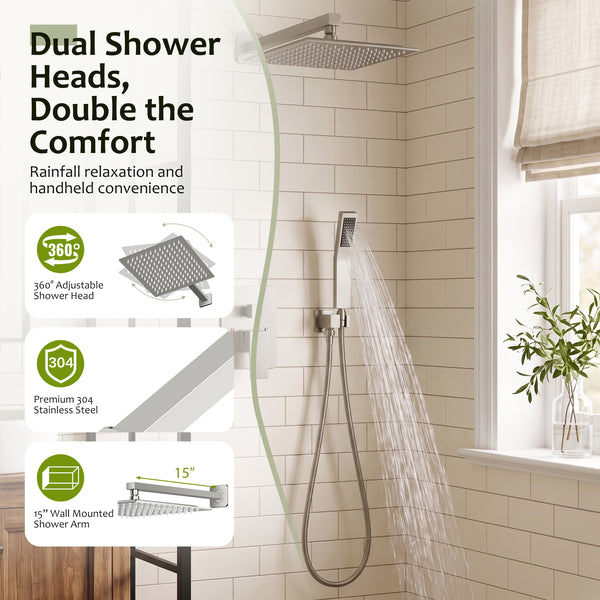 Sweetcrispy 304 Stainless Steel Wall Mount Shower Head and Handle Set, Anti-Rust, 360° Adjustable, Pressure Balanced, Temp Stable, High Flow Luxury Trim Kit‌