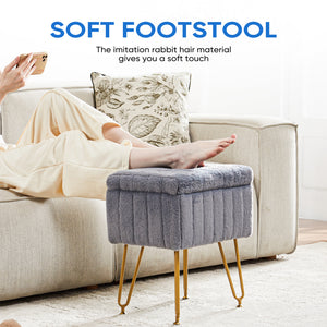 Sweetcrispy Vanity Stool Chair with 4 Metal Legs Anti-Slip Adjustable Feet, Faux Fur Seat, Storage Space