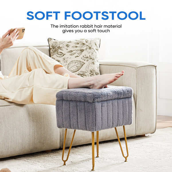 Sweetcrispy Vanity Stool Chair with 4 Metal Legs Anti-Slip Adjustable Feet, Faux Fur Seat, Storage Space