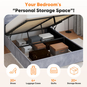 Sweetcrispy Velvet Upholstered Gas-Lift Bed Frame with Storage Space for Bedroom