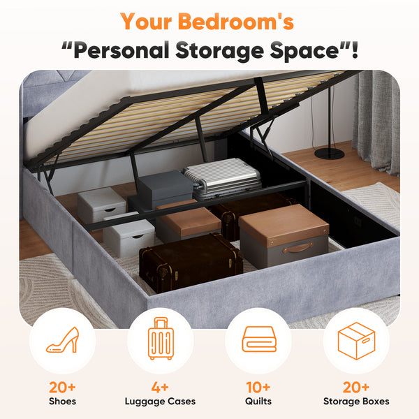 Sweetcrispy Velvet Upholstered Gas-Lift Bed Frame with Storage Space for Bedroom