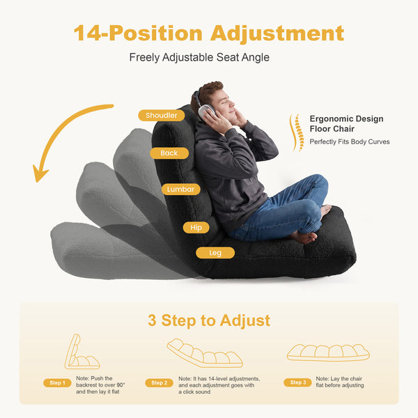 Sweetcrispy Folding Floor Chair with 14 Adjustable Positions, Memory Foam Floor Lounger, 300 lbs Capacity for Gaming, Reading and Meditation