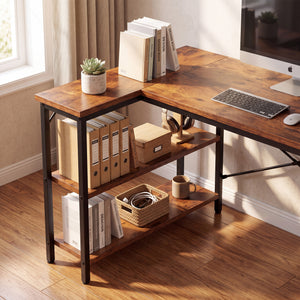 Sweetcrispy, L Shaped Computer Desk with Storage Shelves, Corner Office Desk