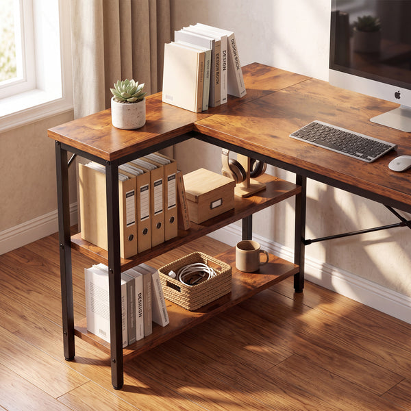Sweetcrispy, L Shaped Computer Desk with Storage Shelves, Corner Office Desk