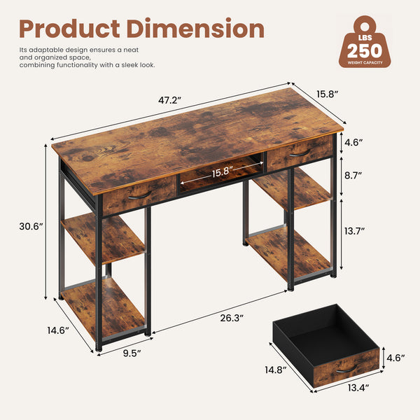 Sweetcrispy 48-Inch Desk with 3 Drawers & Storage Shelf for Home Office