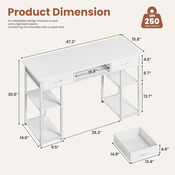 Sweetcrispy 48-Inch Desk with 3 Drawers & Storage Shelf for Home Office