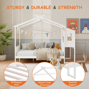 Sweetcrispy Wooden House Bed Frame with built-in Desk for Children, White