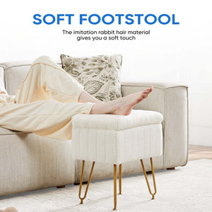 Sweetcrispy Vanity Stool Chair with 4 Metal Legs Anti-Slip Adjustable Feet, Faux Fur Seat, Storage Space