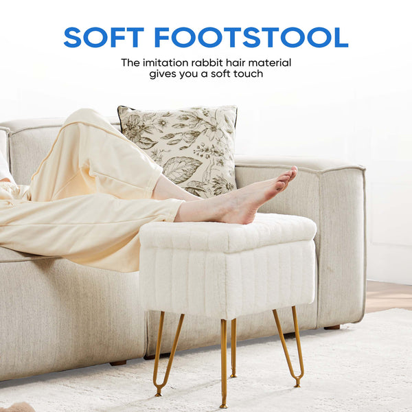 Sweetcrispy Vanity Stool Chair with 4 Metal Legs Anti-Slip Adjustable Feet, Faux Fur Seat, Storage Space
