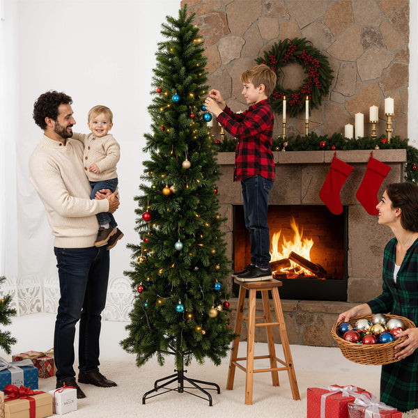 Sweetcrispy Luxury Pre-Decorated Artificial Fir Christmas Pencil Tree with Lights