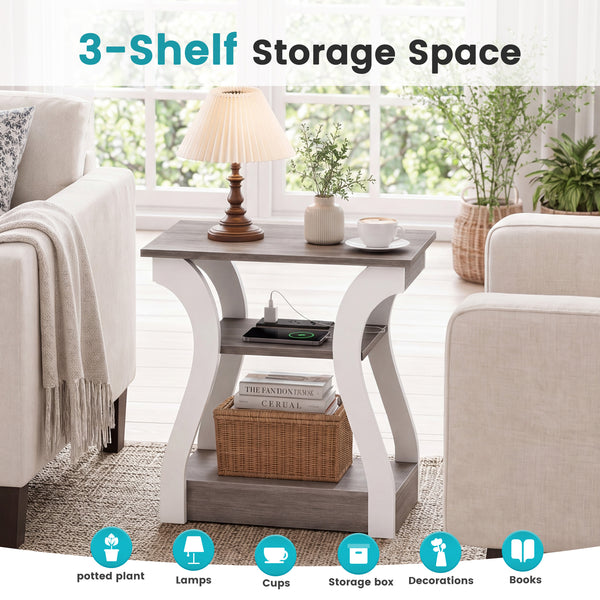 Sweetcrispy 3-Tier End Table with Charging Station for Living Room & Bedroom
