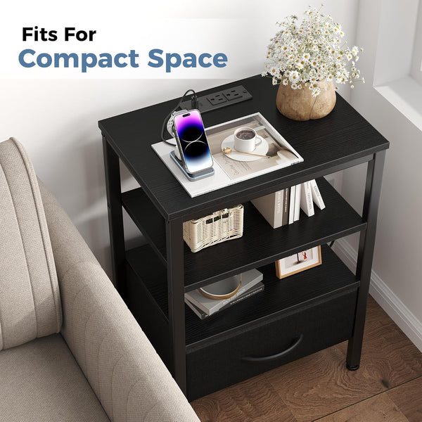 Sweetcrispy Adult 1-Drawer Nightstand with Charging Station, USB & Type-C Ports, Metal Frame