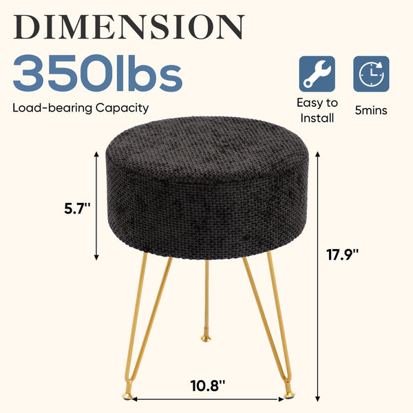 Sweetcrispy Ottoman Vanity Stool, Round Cushioned Seat with Gold Legs, Multi-Functional Footrest & Vanity Chair for Bedroom & Living Room
