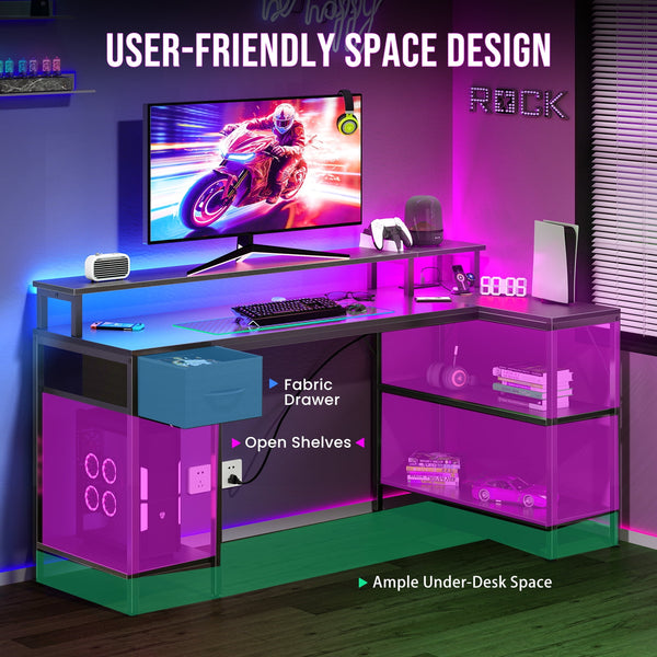 Sweetcrispy L Shaped Computer Gaming Desk with USB Charging Ports & LED Lights, Reversible Corner Table with Power Outlets Monitor Stand for Home Office