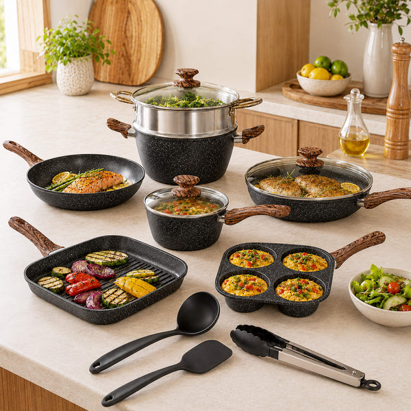 Sweetcrispy 17-Piece Non-Stick Cookware Set with Detachable Handles