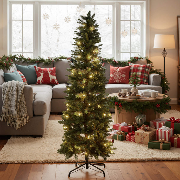 Sweetcrispy Luxury Pre-Decorated Artificial Fir Christmas Pencil Tree with Lights