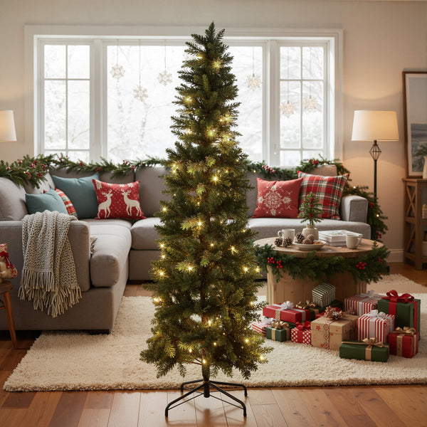 Sweetcrispy Luxury Pre-Decorated Artificial Fir Christmas Pencil Tree with Lights