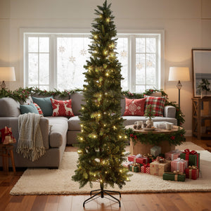 Sweetcrispy Luxury Pre-Decorated Artificial Fir Christmas Pencil Tree with Lights
