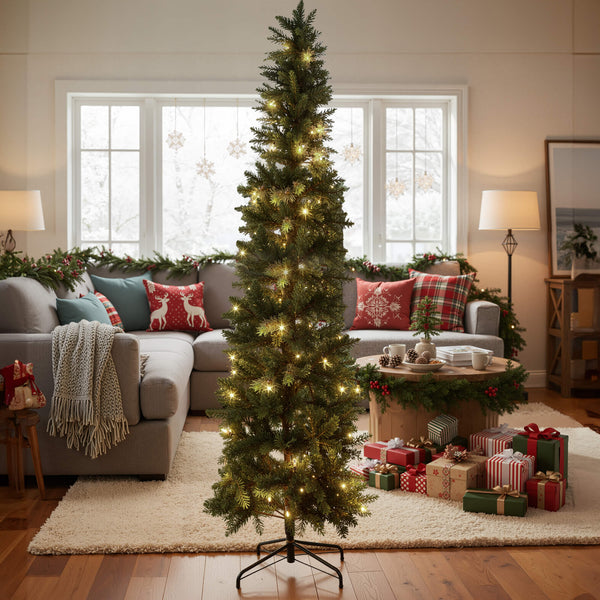 Sweetcrispy Luxury Pre-Decorated Artificial Fir Christmas Pencil Tree with Lights