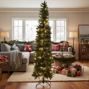 Sweetcrispy Luxury Pre-Decorated Artificial Fir Christmas Pencil Tree with Lights