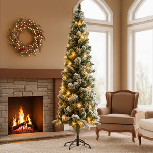 Sweetcrispy Luxury Pre-Decorated Artificial Fir Christmas Pencil Tree with Lights
