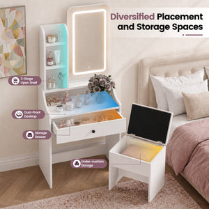 Sweetcrispy 24" Vanity Desk with Mirror, LED Makeup Vanity with 3 Light Modes & Power Outlet, Storage Drawers & Stool, Dressing Table for Bedroom